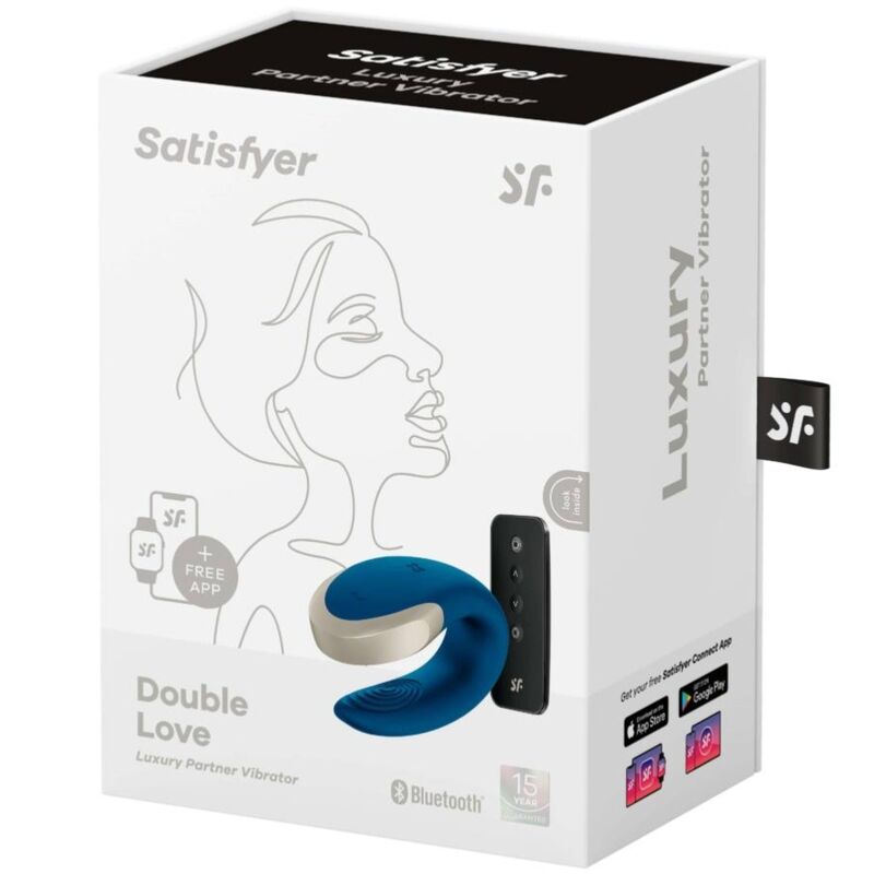 Vibrator pentru Cupluri, Satisfyer - Double Love Luxury, cu Telecomanda Wireless si Control prin Aplicatie, Albastru