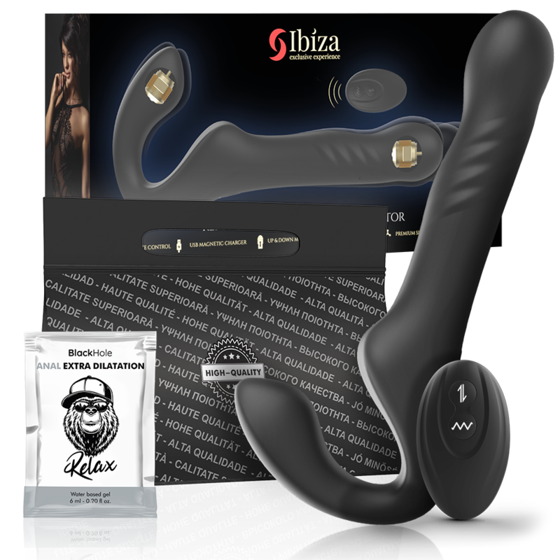 Vibrator Strap On, Ibiza - Strapples, cu Telecomanda, Negru/Auriu
