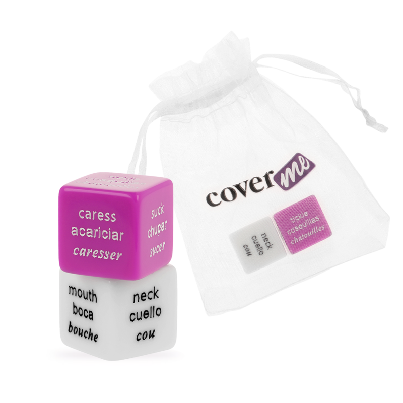 Joc de Zaruri Erotice, Coverme, Set 2 Zaruri cu Saculet Satin, ES/FR/EN