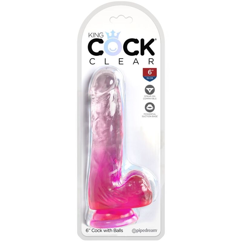 Dildo Realistic, King Cock - Clear, Translucid cu Ventuza si Testicule, 13.5 CM Roz