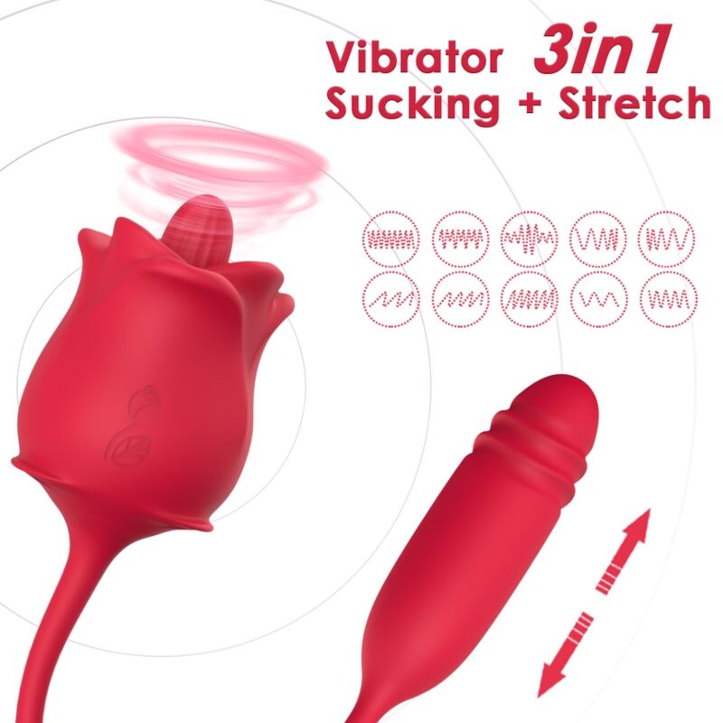 Stimulator Clitoris, Armony - Rose 3 in 1, Suctiune si Miscare Sus-Jos, Rosu