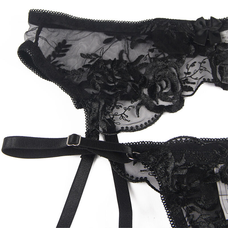 Set Lenjerie, Subblime, 3 Piese Sutien + Chilot + Portjartier cu Imprimeu Floral, Negru S/M