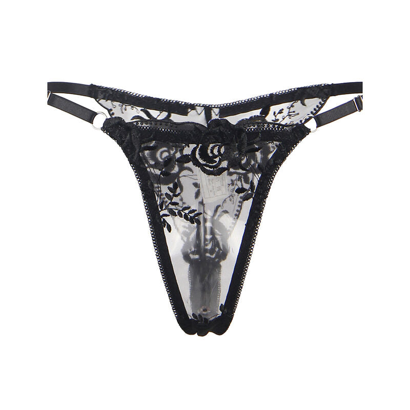 Set Lenjerie, Subblime, 3 Piese Sutien + Chilot + Portjartier cu Imprimeu Floral, Negru S/M