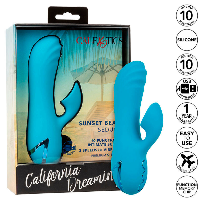 Vibrator si Stimulator, CalExotics - California Dreaming Sunset Beach Seducer, Vibratii Duale si Aspiratie Clitorisa, Albastru
