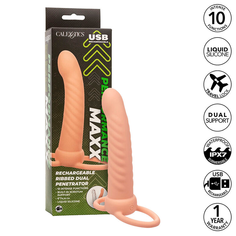 Strap On Dual, CalExotics - Maxx Ribbed Dual Penetrator, 10 Vibratii, Nud