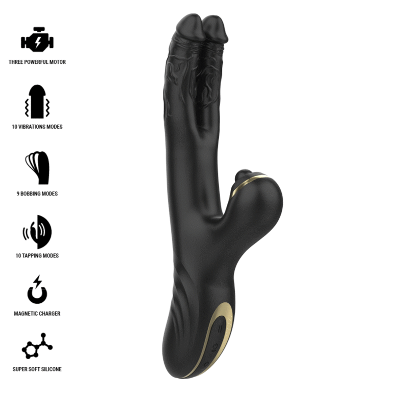 Vibrator Dublu, Ibiza - Two Dragons, Stimulator Clitoris Integrat, Negru