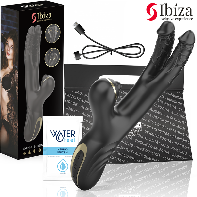 Vibrator Dublu, Ibiza - Two Dragons, Stimulator Clitoris Integrat, Negru