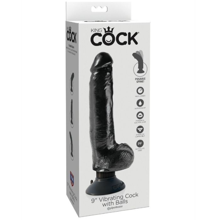 Dildo, King Cock - Vibrator cu Testicule, Impermeabil, 23 CM Negru