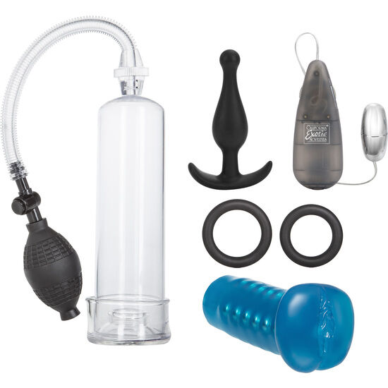 Kit Sexual pentru Barbati, CalExotics - His Ultimate Stay-Hard Kit, Set Complet cu Plug Anal Pompa de Aspiratie si Inele pentru Penis